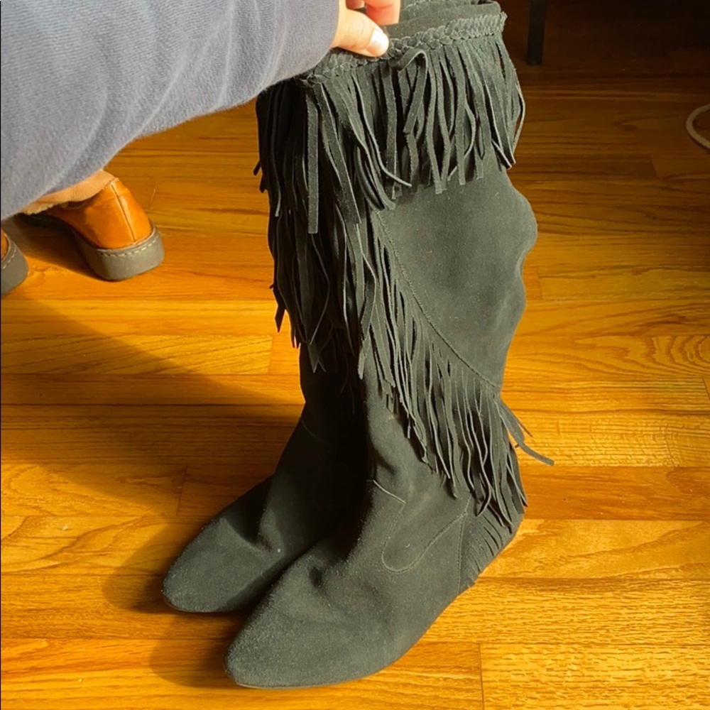 Sam Edelman Black Fringe Suede Moccasin Boots